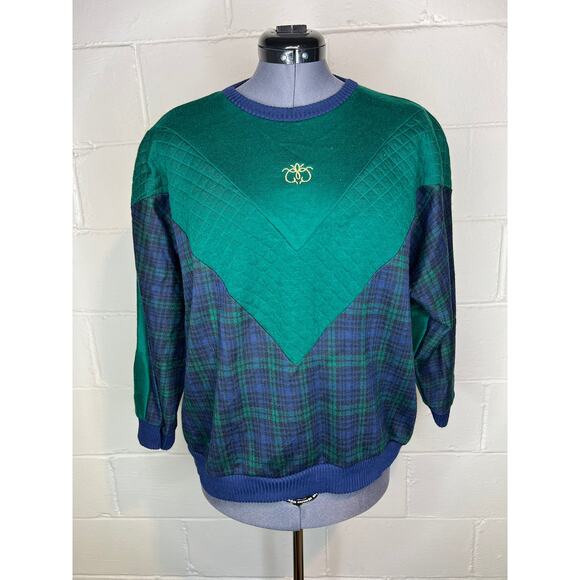 sweatshirt plaid chevron quilted green navy shoulder pads 1980s - Picture 1 of 11